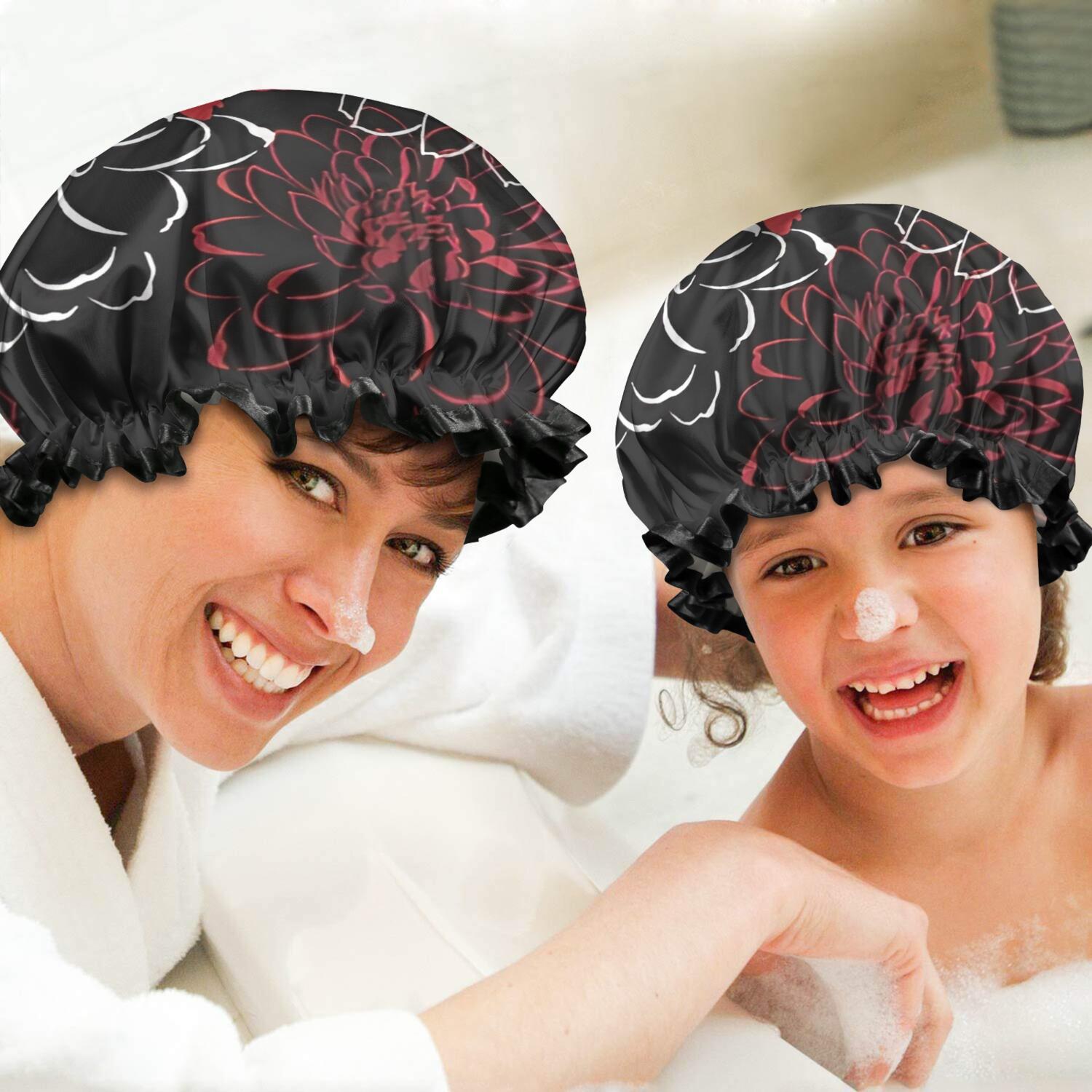 Shower Caps,Red and Black Pioneer Flower Pattern Waterproof Shower Cap for Women 4 Pieces,Double Reusable Hair Cover for Shower PEVA Elastic Stretch Hem
