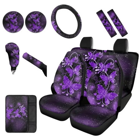 Renewold Purple Butterfly Car Seat Cover 12-pcs Full Set,Steering Wheel Cover+Armrest Cover+Seatbelt Pads+Coasters+Gear Shift Cover+Handbrake Cover Anti-Slip Auto Seat Cover Accessories for Sedan Van