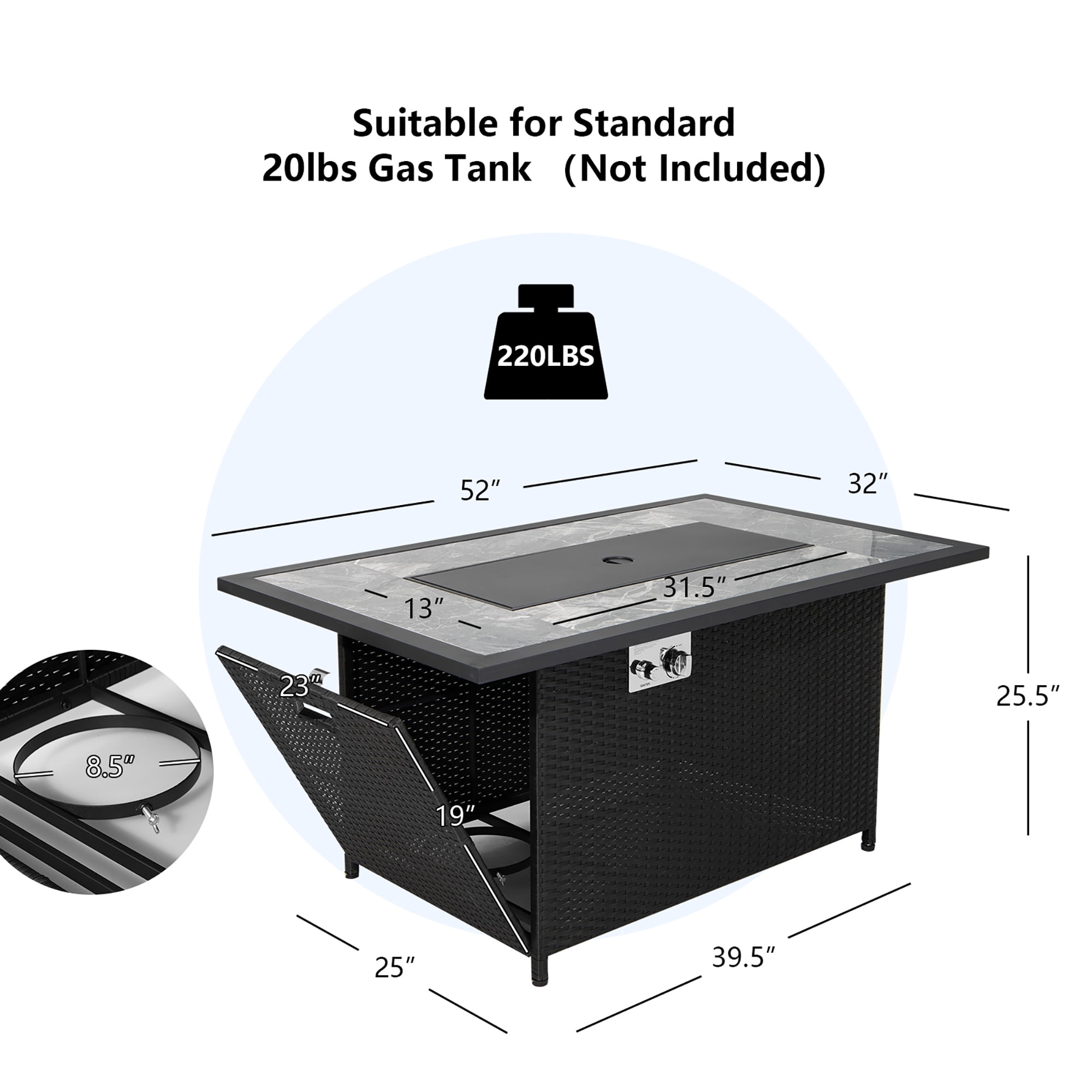 Costway 52'' Propane Fire Pit Table Marble Tabletop Rattan Wicker w/ Rain Cover Lava Rock