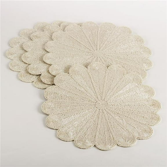SARO  15 in. Flower Design Beaded Placemat  Ivory - Set of 4