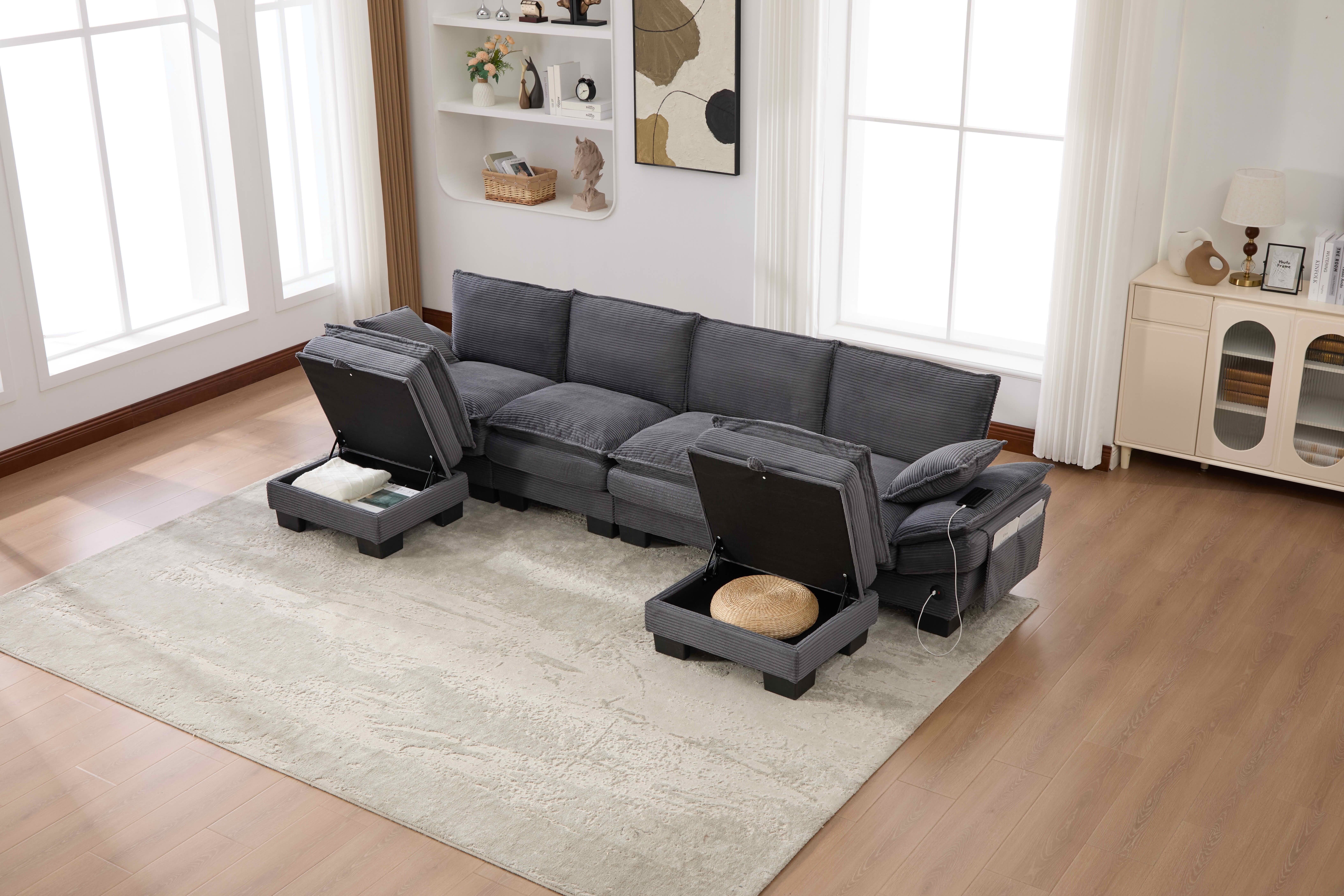 MAYEERTY Multi-Config Cloud Corduroy Modular Sofa, Deep Seat Sectional Couch with Storage Footstool & USB Ports for Small Apartment