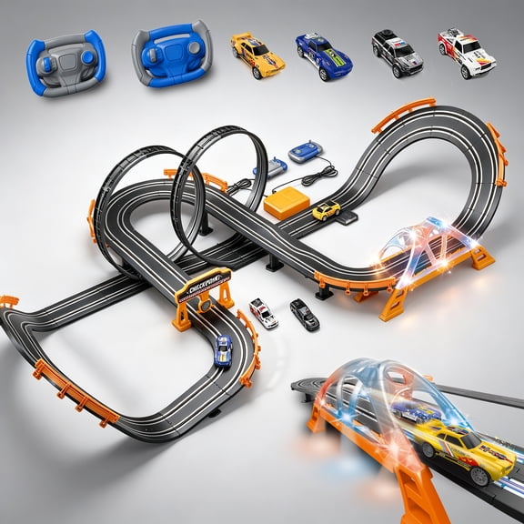 Slot Car Race Track Sets with 4 High-Speed Racing Slot Cars Electric Dual Racing Game with 2 Controllers Circular Overpass Track Featuring Flash Bridge Pendulum Gifts Toys for Boys Kids Age 6 7 8-12