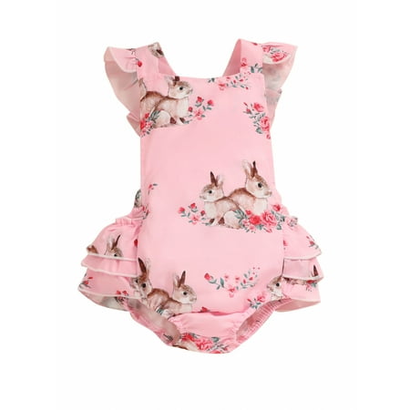 

Arvbitana Baby Girl Easter Rompers Flying Sleeves Square Neck Bunny Print Ruffle Bodysuit Summer Casual Triangle Bottom Jumpsuit for Infant 0-18M