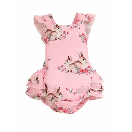 

Seyurigaoka Baby Girl Easter Jumpsuit Summer Casual Bodysuits Bunny Print Ruffle Flying Sleeves Romper Pants for Toddler Kids
