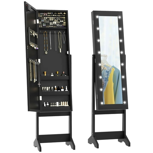 Freestanding Armoire Jewelry Cabinet Lighted Mirror Angle Adjustable 16 LED Lights Black