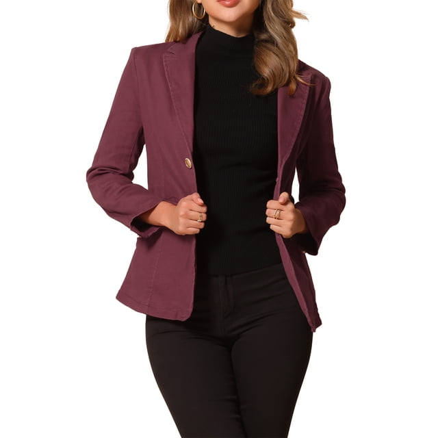 BLAZER DE MEZCLILLA PARA MUJER INSPIRE CHIC, SOLAPA NOTCH, DE UN SOLO BOTÓN, CON ALMOHADILLAS EN LOS HOMBROS, TAMAÑO XL, BURDEOS