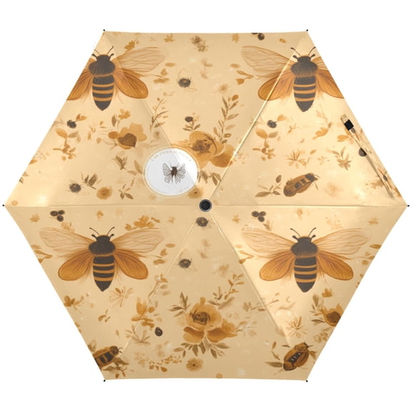 Bee and Floral Pattern Umbrellas for Sun Auto Open Close UV50  Waterproof 5-Fold Compact Fiberglass Frame