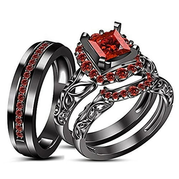 beryl_creation 1.50 Ct Princess Cut Red Ruby Wedding Engagement For Men's & Women's Band Trio Ring Set 14K Black Gold Plated 925 Sterling Silver -4.5