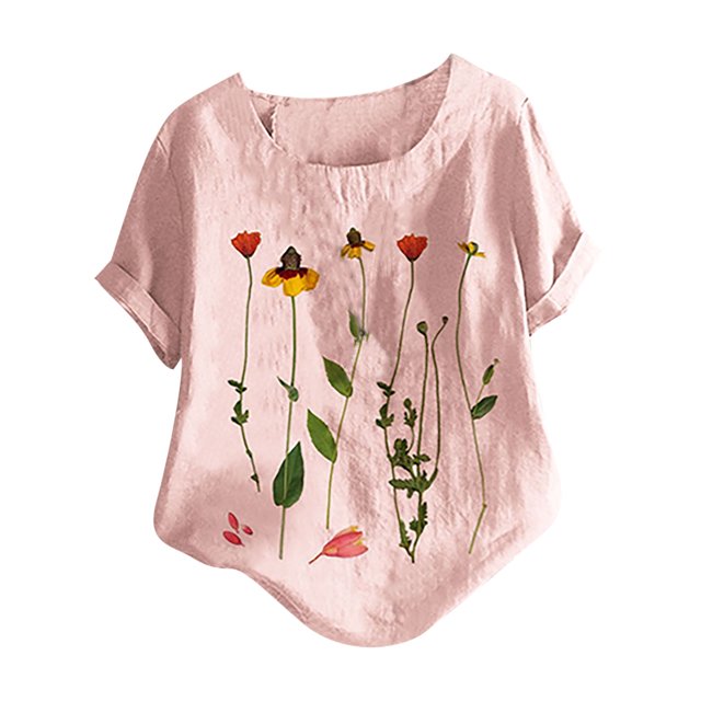 Birdeem Hauts Vintage en Coton et Lin pour Femmes Grande Taille Col Rond Manches Courtes Imprimé Boutons