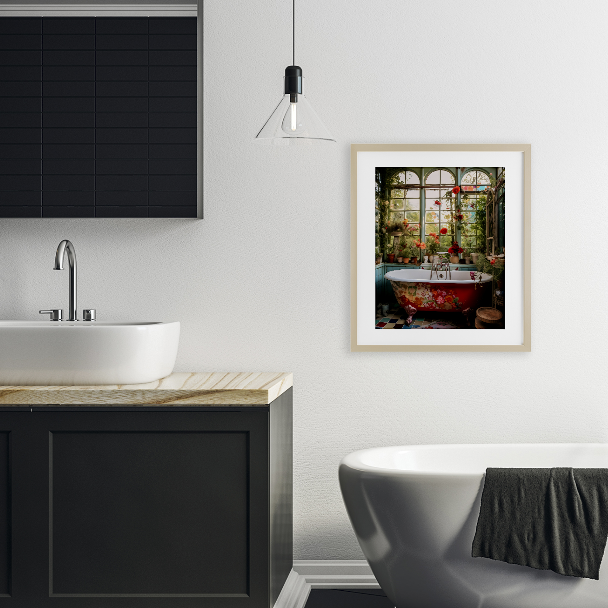 Floral Sunroom Tub Birch Framed Print Under Glass, design by Lettered and Lined