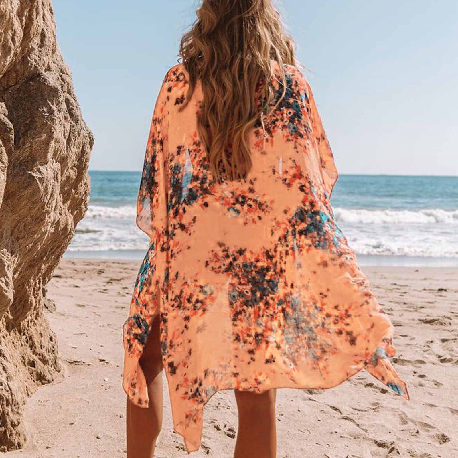 Women Print Chiffon Beach Kimono Cardigan Blouse Shawl Loose Top Outwear Casual Cardigan Coat Lightweight for Fall Winter