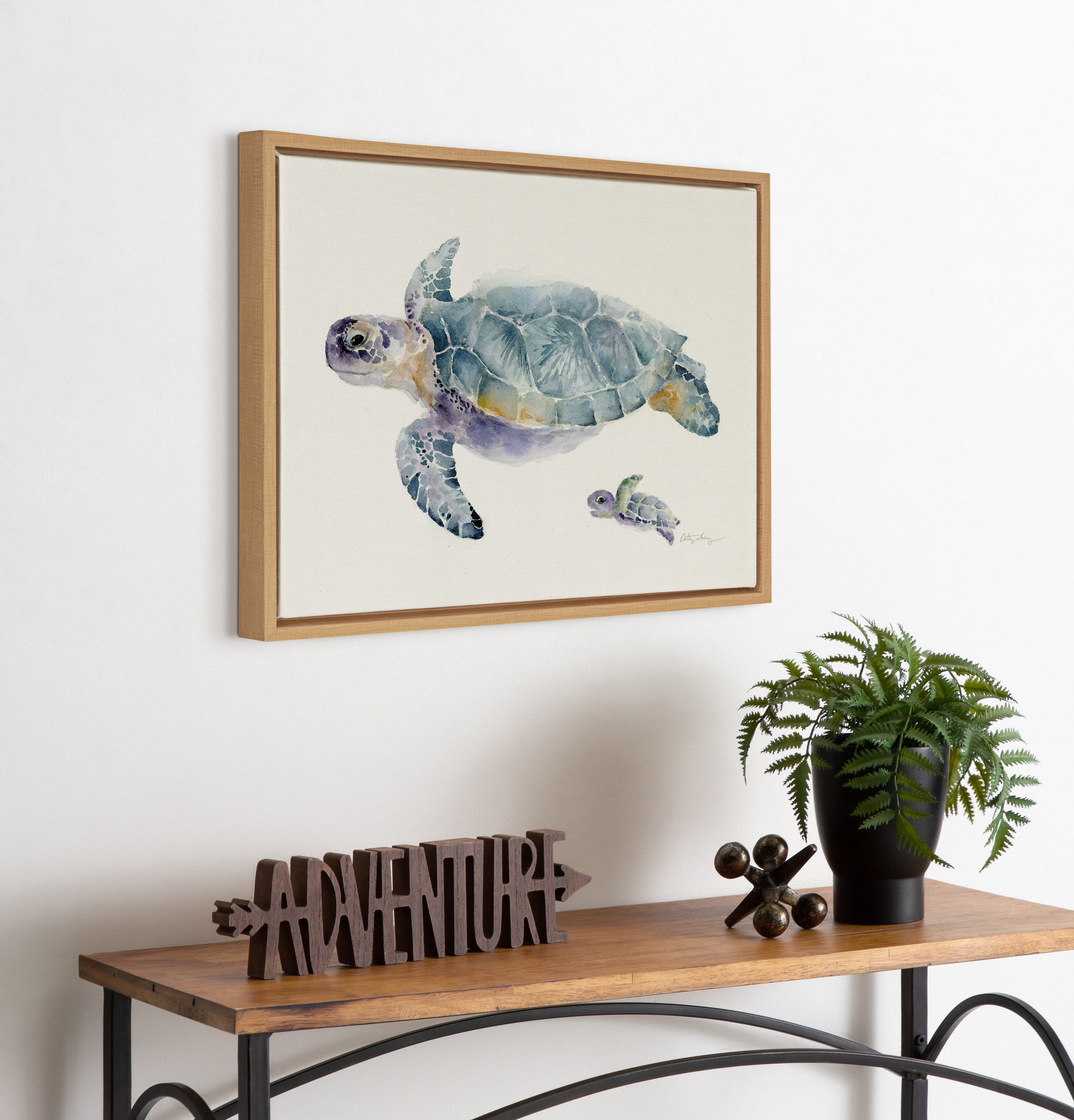 Kate and Laurel Sylvie Swim Along with Me Turtle Framed Linen Textured Canvas Wall Art by Cathy Zhang, 18x24 Natural