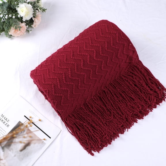 Throw Blanket for Couch, Knit Woven Blanket, Lightweight Decorative Blanket with Tassels, Burgundy Throw (50" *60")