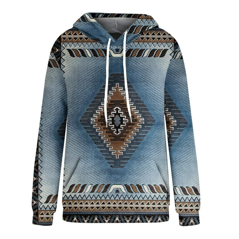 JGGSPWM Womens Ethnic Sweatshirt Aztec Hoodies Geometric Print Hoodie with  Pocket Long Sleeve Drawstring Sweatshirts Pullover Western Style Hoodie  Light Blue XL