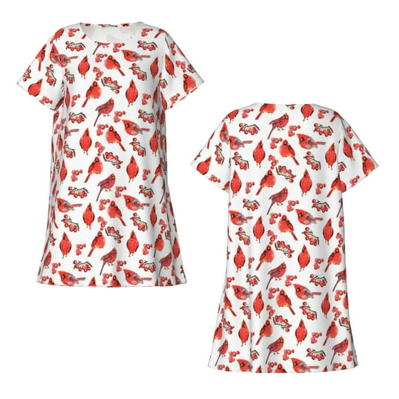 Horeoi Red Birds Print Women's Short-sleeved Nightdress Breathable Cotton-like Material Loose A-line Knee-length