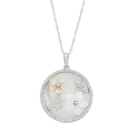 Brilliance Fine Jewelry Mother of Pearl, Crystal,Flowers Pendant in Sterling Silver,18"