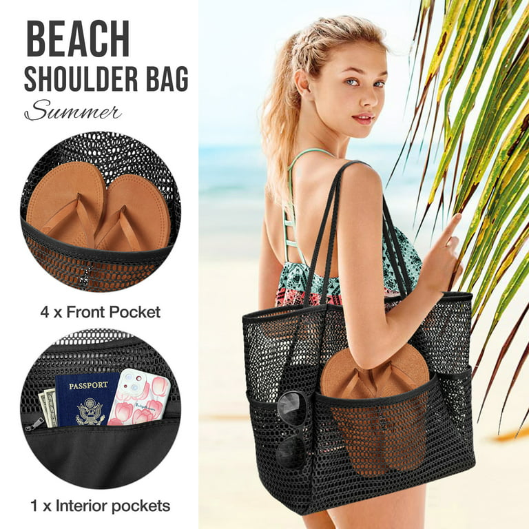 Vbiger Extra Large Mesh Beach Bags and Totes, Large Capacity Storage  Durable Toy Tote Bag, with Extra 8 Pockets& Inside Pocket for Beach Travel  Shopping Beach- Black 