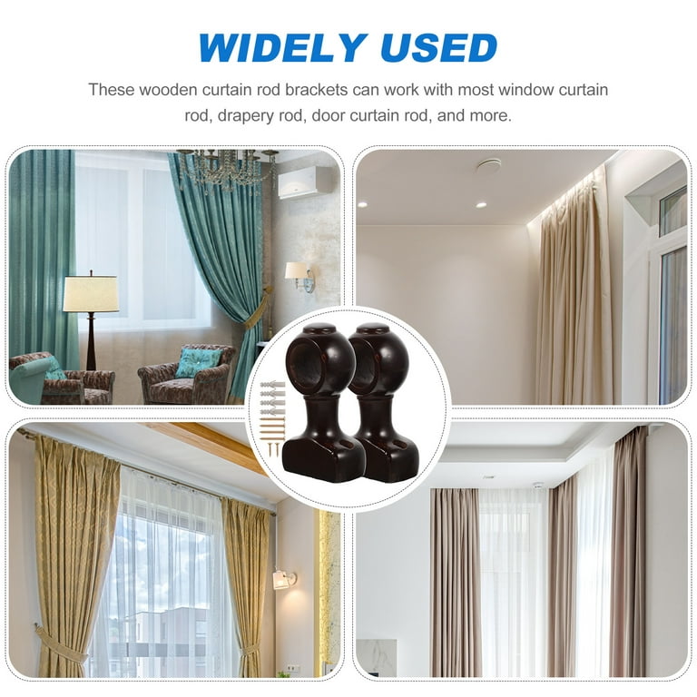 2 Pcs Curtain Rod Bracket Brackets Hooks for Curtains Window Wooden Wall Blind Baby, Size: 12.1x5.7cm, Brown
