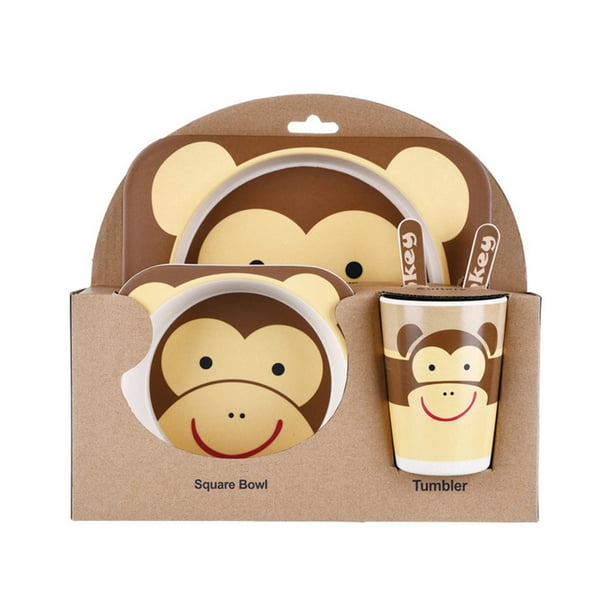 Juego de vajilla para niños 5 uds., Cuenco de dibujos animados de fibra de bambú para bebés, juego de vajilla para animales, taza para niños pequeños, cuchara, tenedor kenally JJ15200-02
