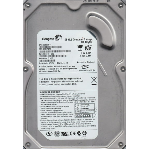 ST3120213ACE, 9LS, TK, PN 9BE01C-262, FW 3.ACF, Seagate 120GB IDE 3.5 Hard Drive