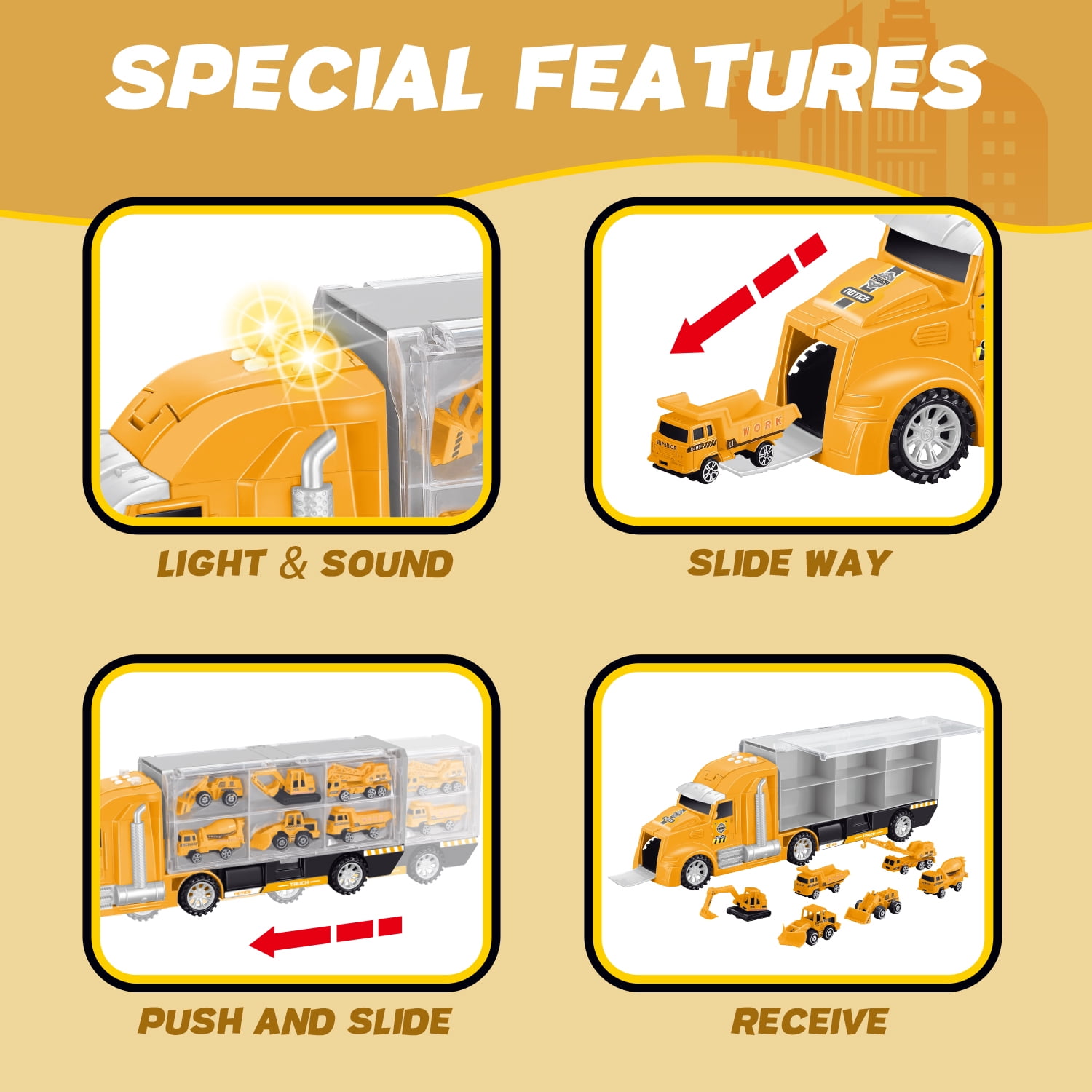 JoyStone 33-in-1 Die-Cast Construction Vehicle Set with Lights & Sounds, Alloy Car Transport Truck Toy, Birthday Gift for Kids, Yellow
