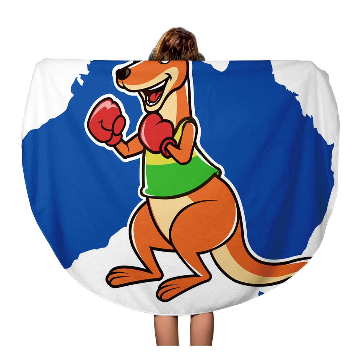 KDAGR 60 inch Round Beach Towel Blanket Gloves Australian Boxing Kangaroo Animated Aussie