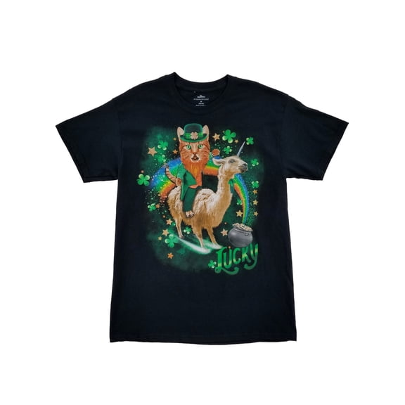 Mens Black Lucky Leprecat Llamacorn Clover Rainbow St. Patrick's Day T-Shirt XXL