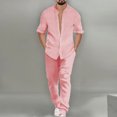 thumbnail image 2 of Dovford Mens Leisure Suits 2 Piece Outfits Banded Collar Long Sleeve Button Down Striped Shirts and Pants Linen Sets, 2 of 6