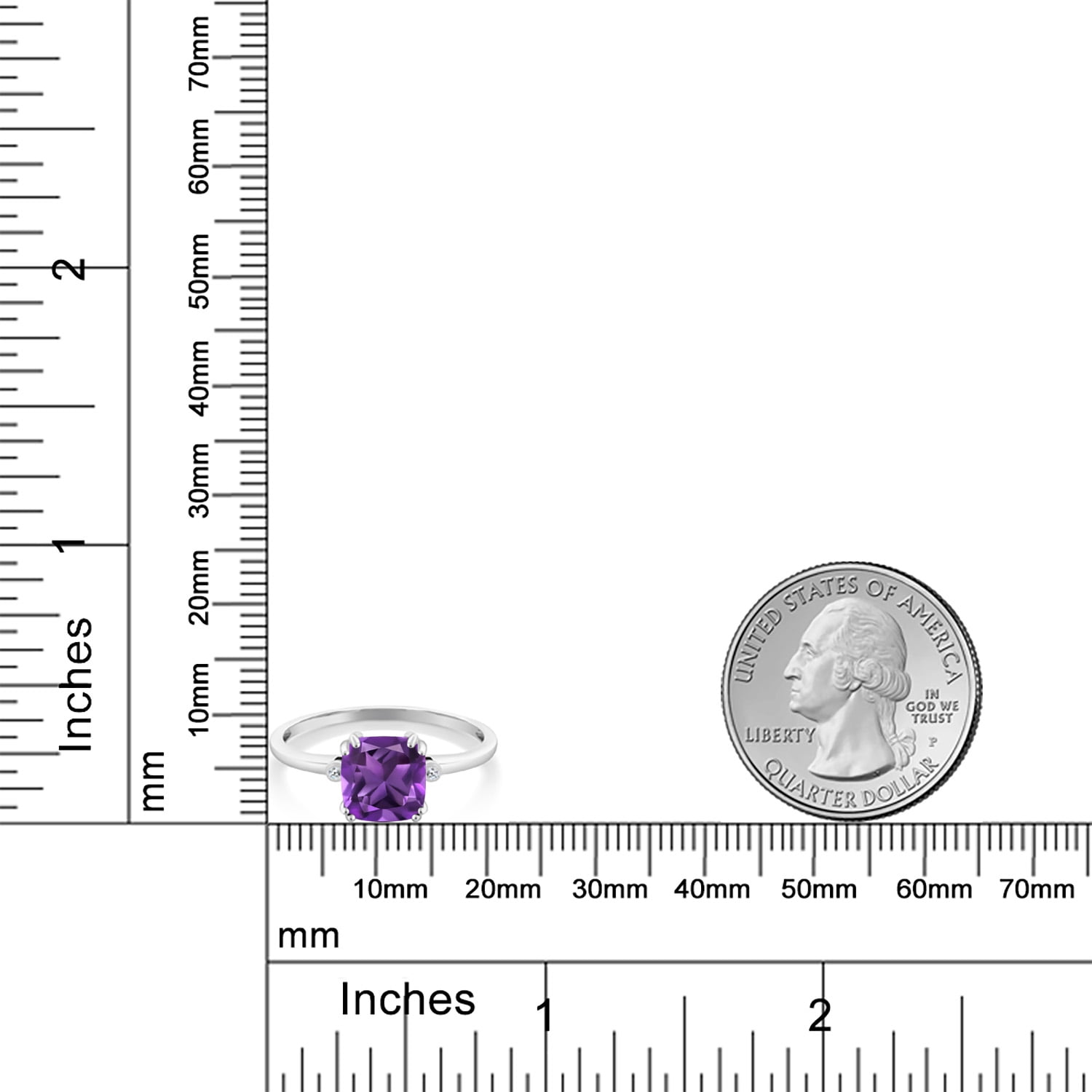 Gem Stone King 2.11 Ct Cushion Purple Amethyst White Diamond 10K White Gold Ring