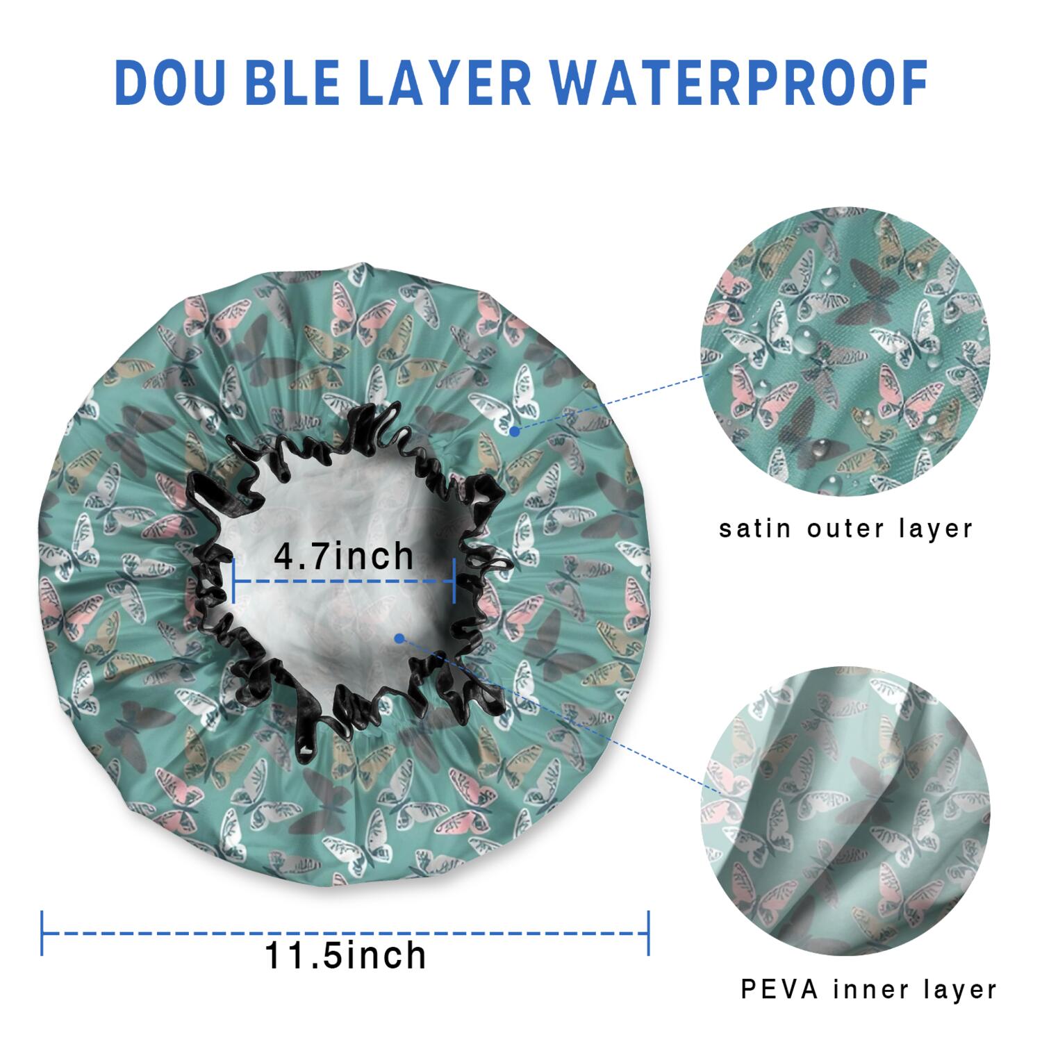 Shower Caps,Green Butterfly Pattern Waterproof Shower Cap for Women 4 Pieces,Double Reusable Hair Cover for Shower PEVA Elastic Stretch Hem