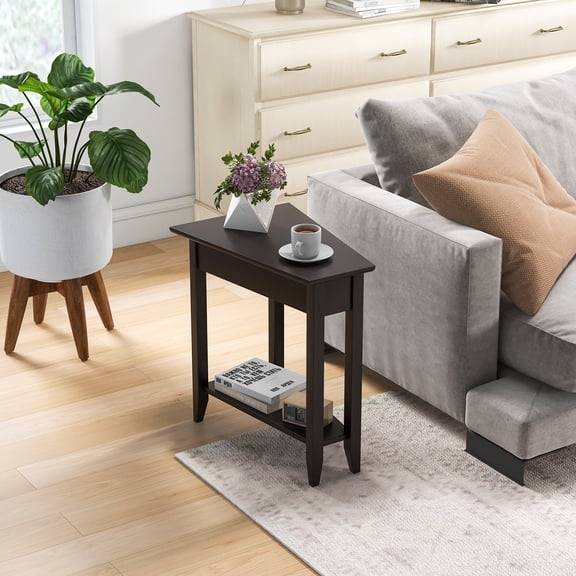 Spaco 2-Tier Wedge Narrow End Table with Storage Shelf and Solid Wood Legs-Espresso, Nightstand Small Side Table, End Table for Bedroom Living Room