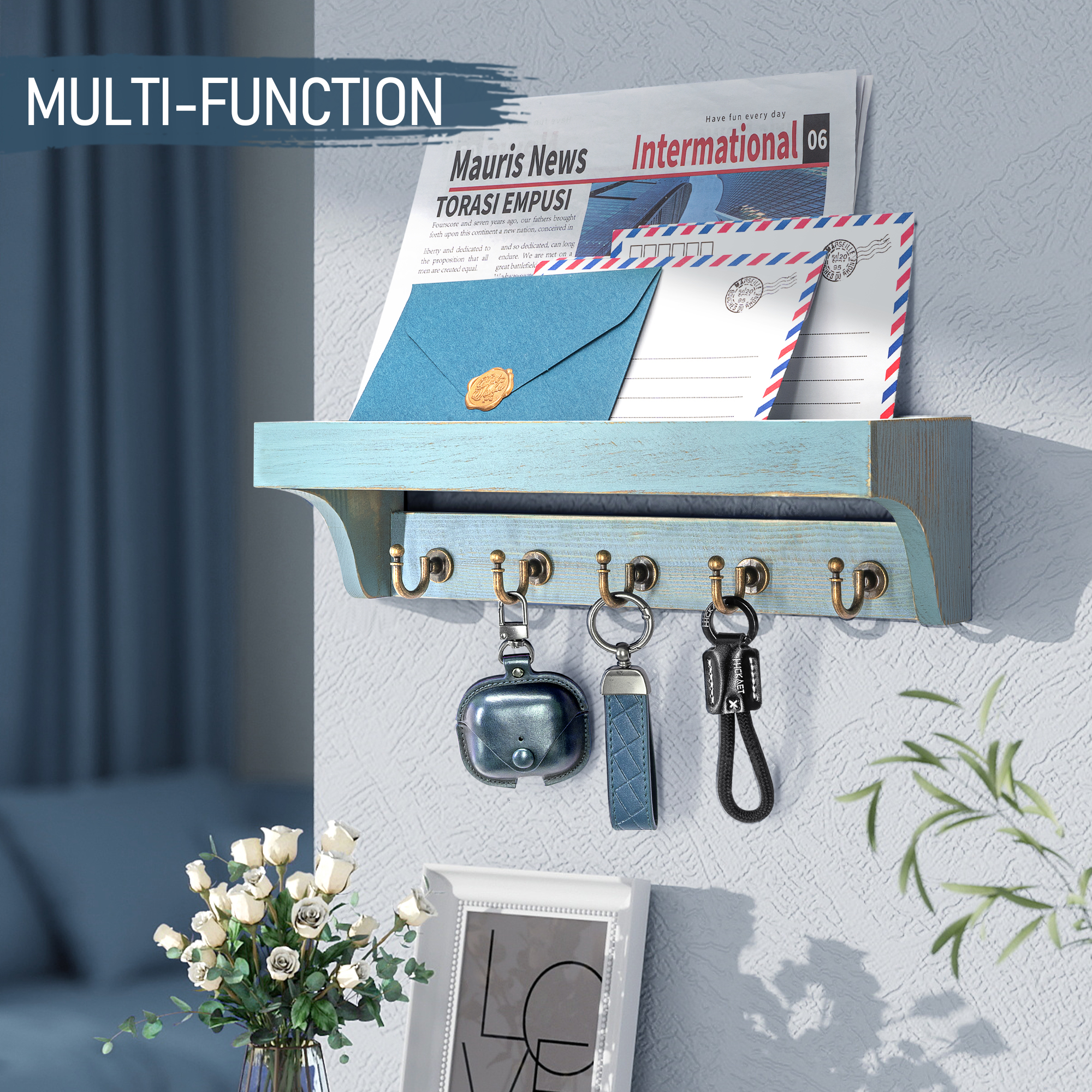 Rebee Vision Key and Mail Holder Wall Mount - Wooden Hanging Organizer with 5 Sturdy Keys Hooks and Shelf (Blue, 14-inch)