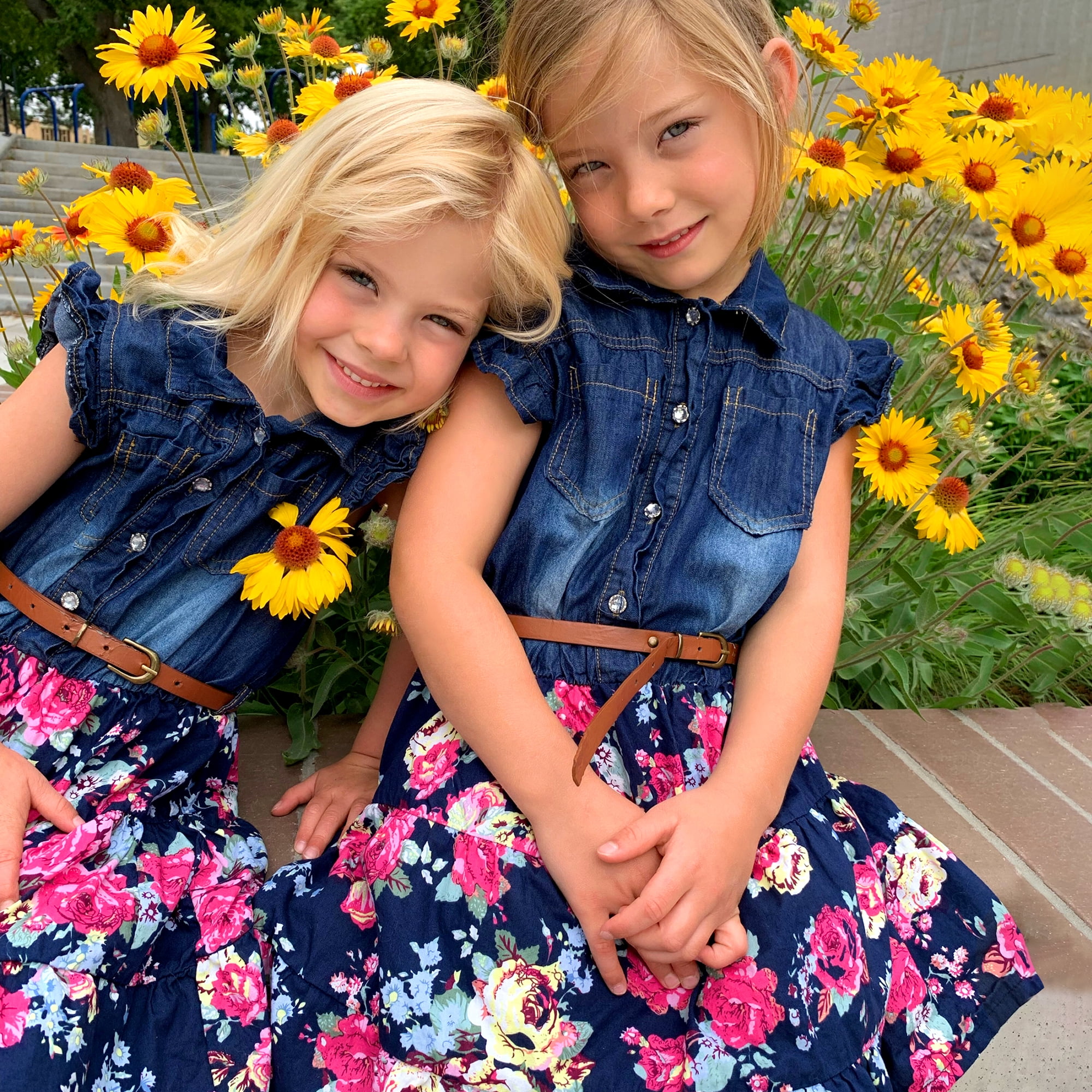 Lochas Baby Girls Dresses Denim Floral Sundress Swing Skirt with Belt Girls  Clothes for 5-6 Years,Blue