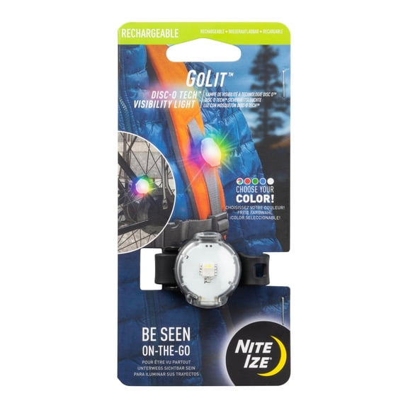 Nite Ize GoLit Rechargeable Visibility Light - LED Safety Light for Cycling, Running & Hiking - Rechargeable Light with Strap - Color-Changing Modes - Disc-O Tech
