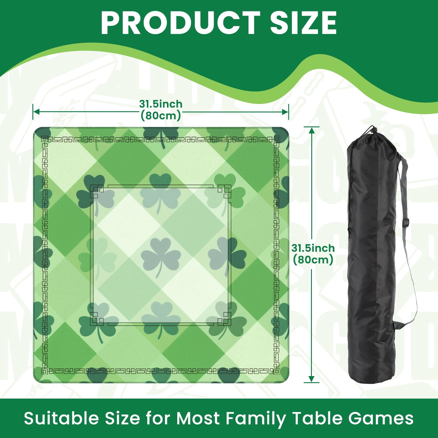 Mahjong Mat 31.5" x 31.5" Green Geometric Plaid Non-Slip Noise Reduction American Mahjong Tiles Table Cover for Dominoes Poker Card Board Games Gift
