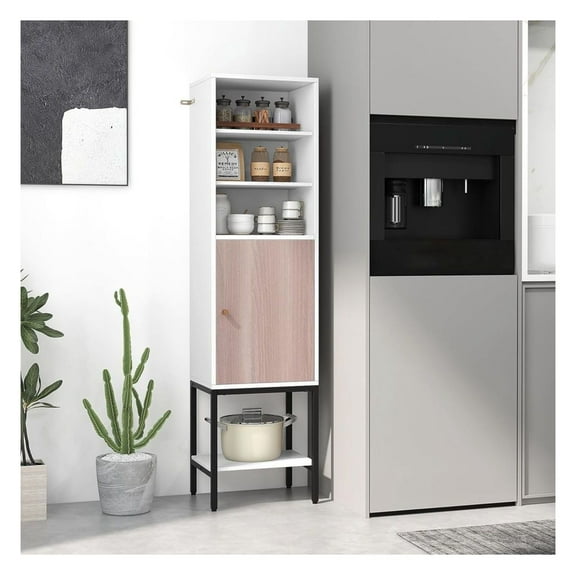 57 Inch Bathroom Tall Cabinet - Narrow Storage Unit with Door & Shelves - Black/Gray/White - Modern Home Organizer