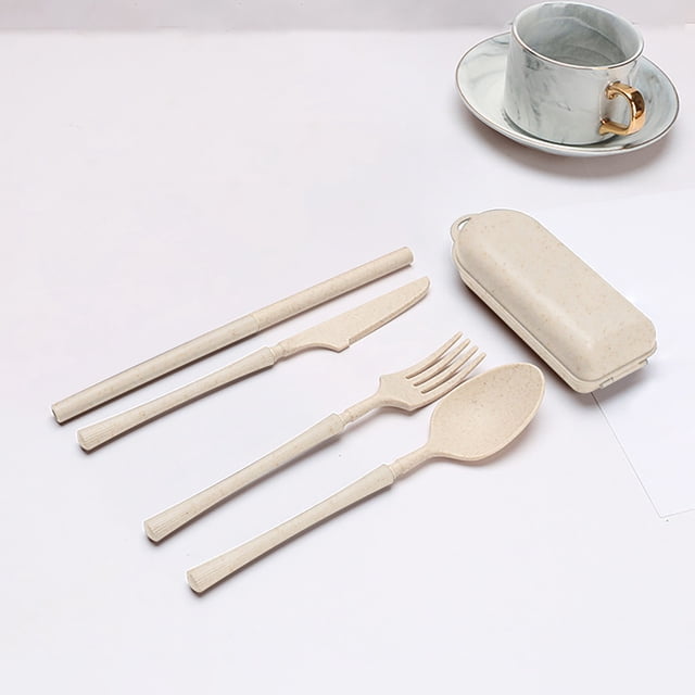 Travel Utensil Set With Case, Whea-t Straw Reusable Spoon Straw Forks Tableware, Portable Cutlery Travel Picnic Camping Or Daily UseTeissuly Clearance (Beige, ) Teissuly WER202308290926