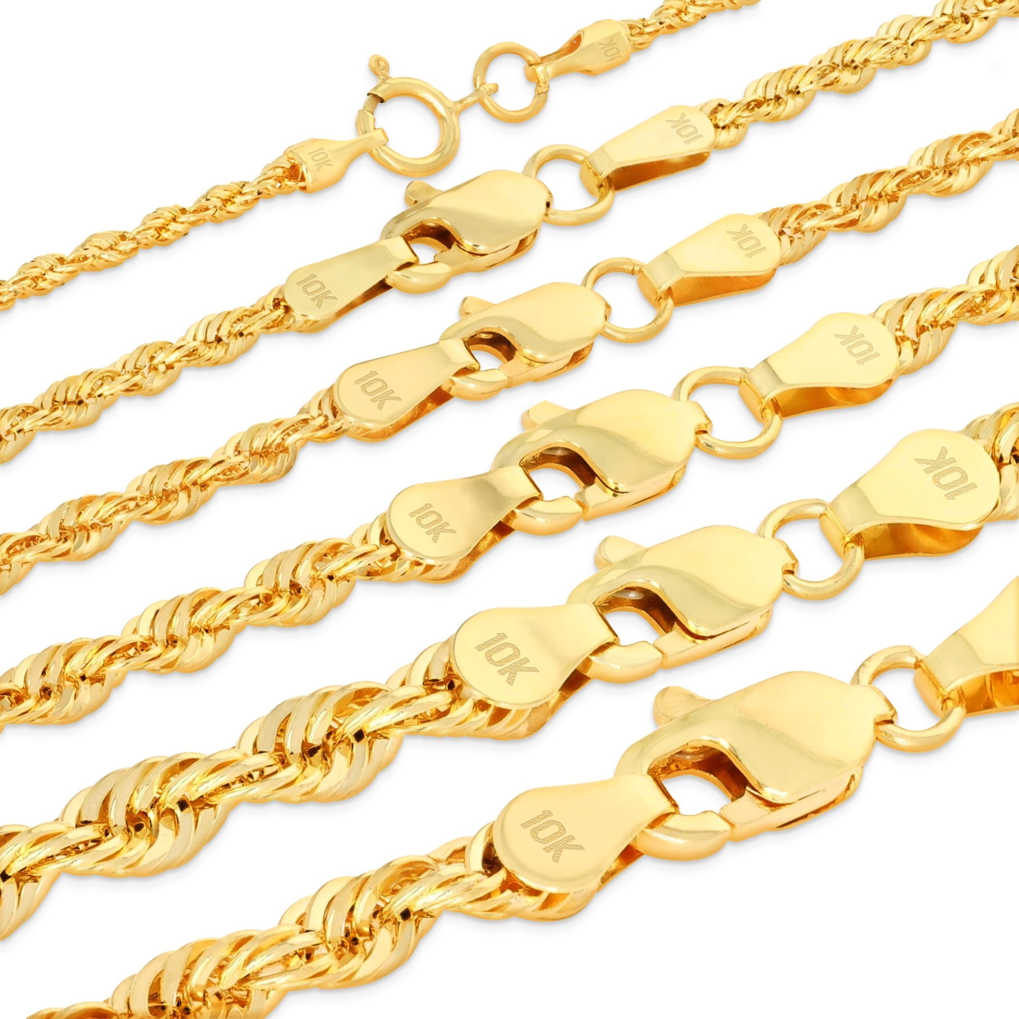 Nuragold 10K Real Yellow Gold Rope Diamond Cut Chain Lightweight Necklace 14"-30" (1.5mm-4mm) Italian Jewelry for Men & Women