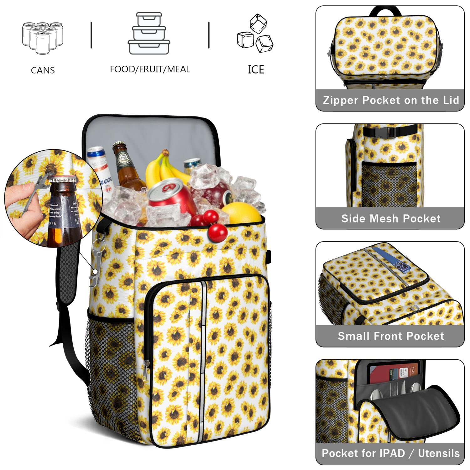 Travel Cooler Bag - White Sunflower Camping Beer Cooler Backpack with Bottle Opener- Waterproof Insulated Picnic Backpacks - Cooler Bag for Beach