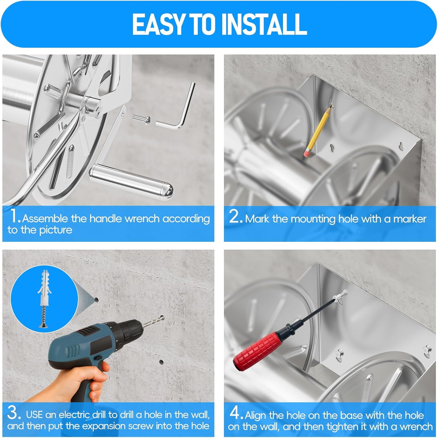 SPECILITE Stainless Steel Outdoor Hose Reel with 100ft Water Hose and 6.2ft Leader Pipe, Wall/Floor Mounted for Yard, Patio