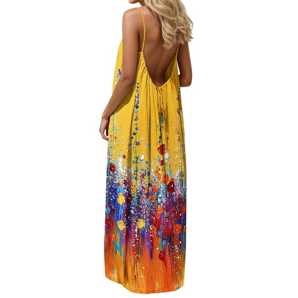 TaTaai Womens Printed Long Maxi Dress Spaghetti Strap Backless Loose Fit Sleeveless Casual Solid Color Soft Lightweight Comfortable for Summer Daily Beach Gift