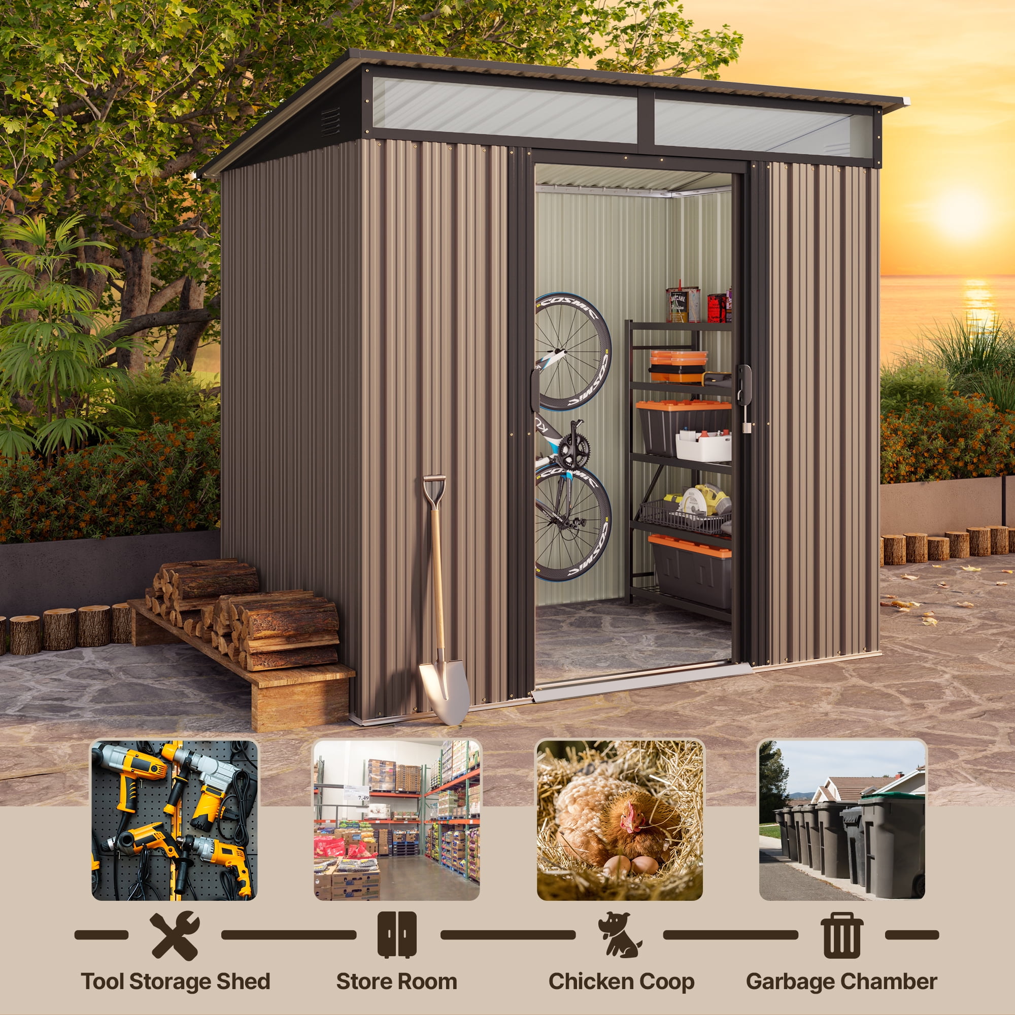 Aiho 6' x 4' Outdoor Storage Shed Clearance with Double Lockable Doors, Waterproof Shed Outdoor Storage for Garden, Natural