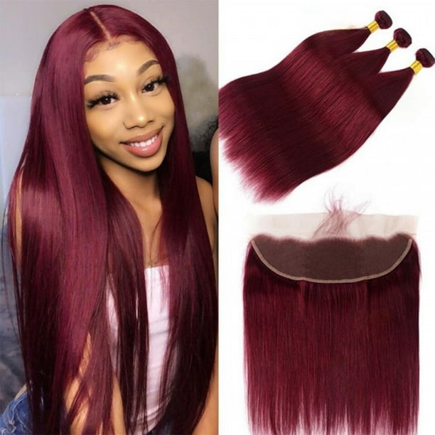 Mechones de pelo liso con encaje Frontal HD 99j Borgoña, 3 mechones con encaje Frontal 13x4 HD, Color vino tinto, tejido de cabello humano Remy