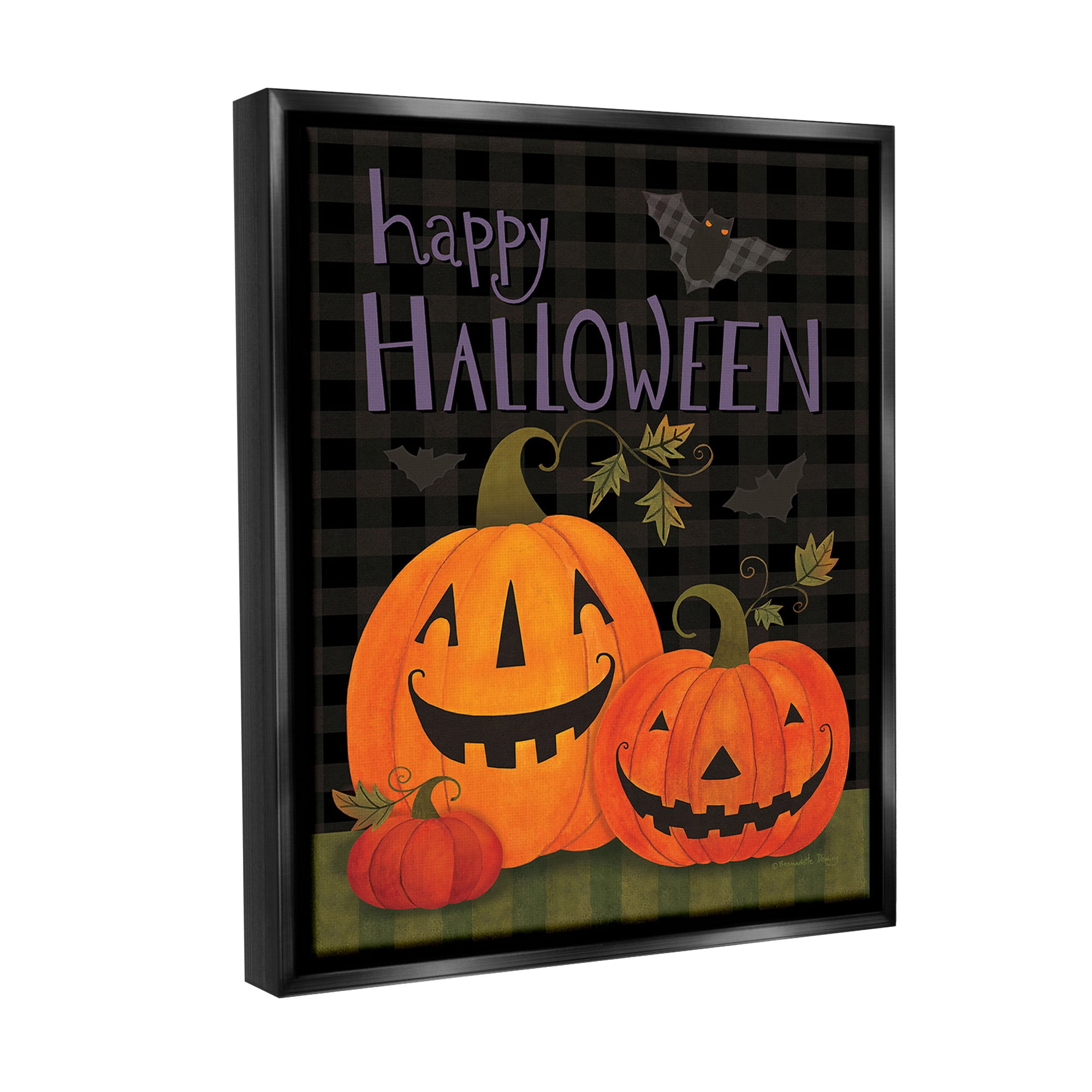 Stupell Industries Pumpkins & Bat on Plaid Holiday Painting Black Floater Framed Canvas Art Print Wall Art, 25 x 31