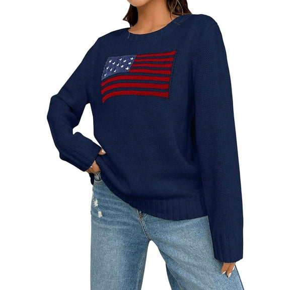 Women'S American Flag Graphic Long Sleeve Sweater Knit Round Neck Pullover Top Dark Blue L