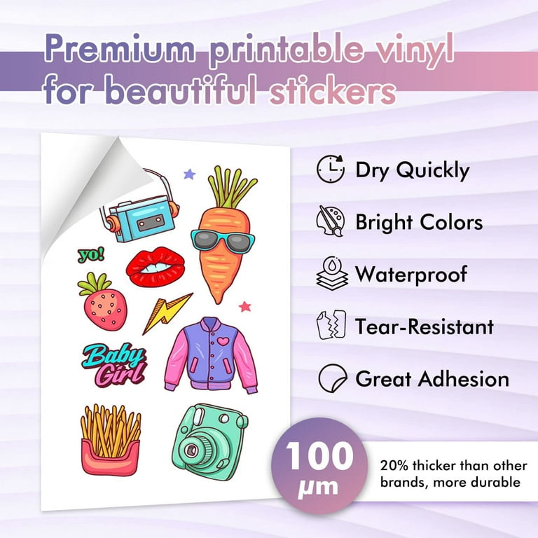 Printable Vinyl Sticker Paper for Inkjet Printer - Glossy White - 21 Waterproof Decal Paper Self-Adhesive Sheets 8.5 inchx11 inch- Dries Quickly and