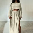 thumbnail image 4 of LYXSSBYX 2 Piece Outfit for Women Fall Women's Casual Clothing Ladies Long Sleeve Round Neck Top Split Skirt Set Skirt Set, 4 of 7