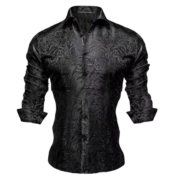 Mens Button Up Shirts Print Long Sleeve Spring Shirt Lightweight Casual Turn Down Collar Top Black L