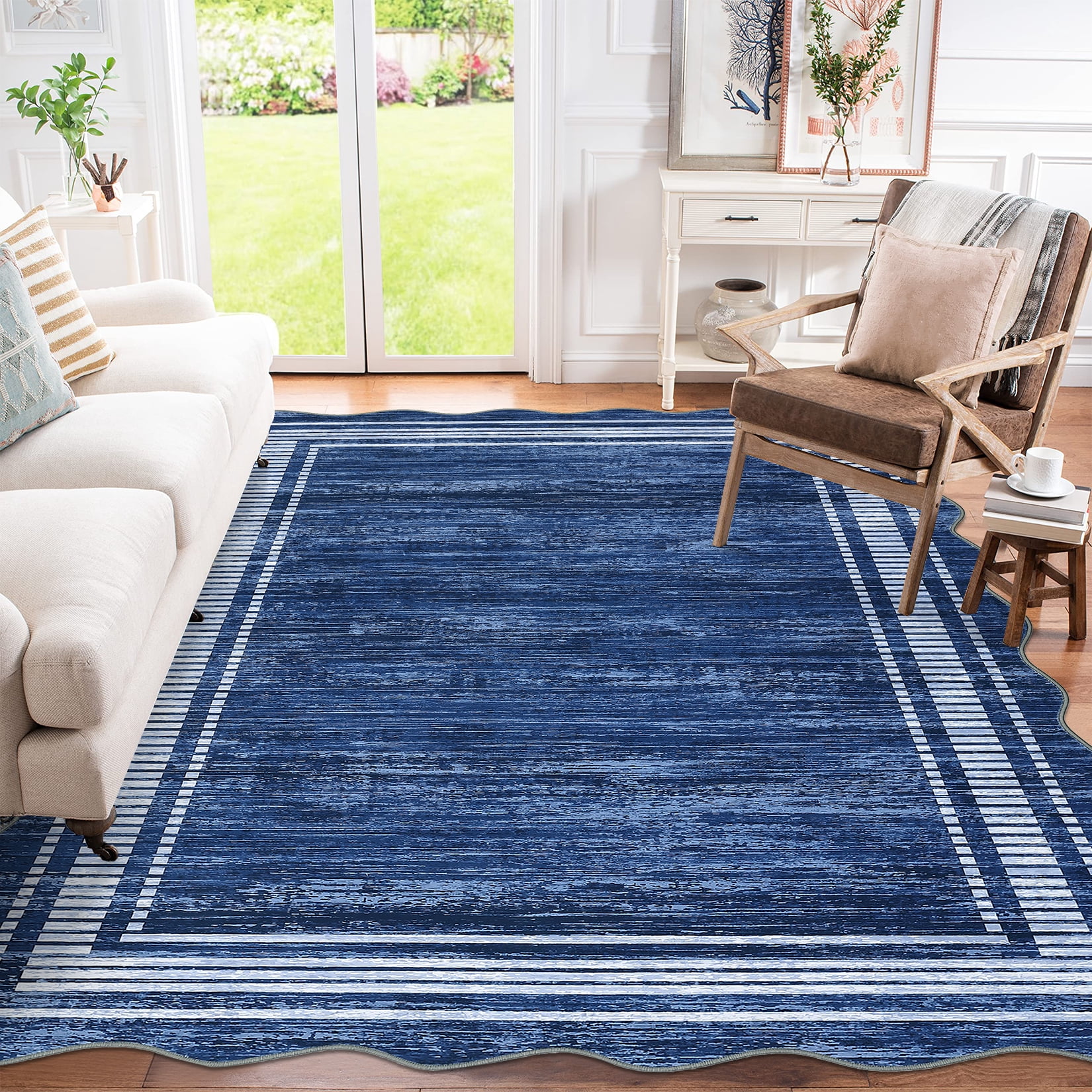 COZONY 10'x13' Modern Scalloped Washable Area Rug, Non-Slip Low-Pile Carpet for Living Room, Bedroom, Navy Blue