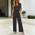 thumbnail image 2 of Womens Solid Color 2 Piece Outfit Set V Neck Sleeveless Cuffed Hem Top Elastic High Waist Pocket Wide Leg Pants Casual Matching Suit for Daily Vacation Black L(L), 2 of 7